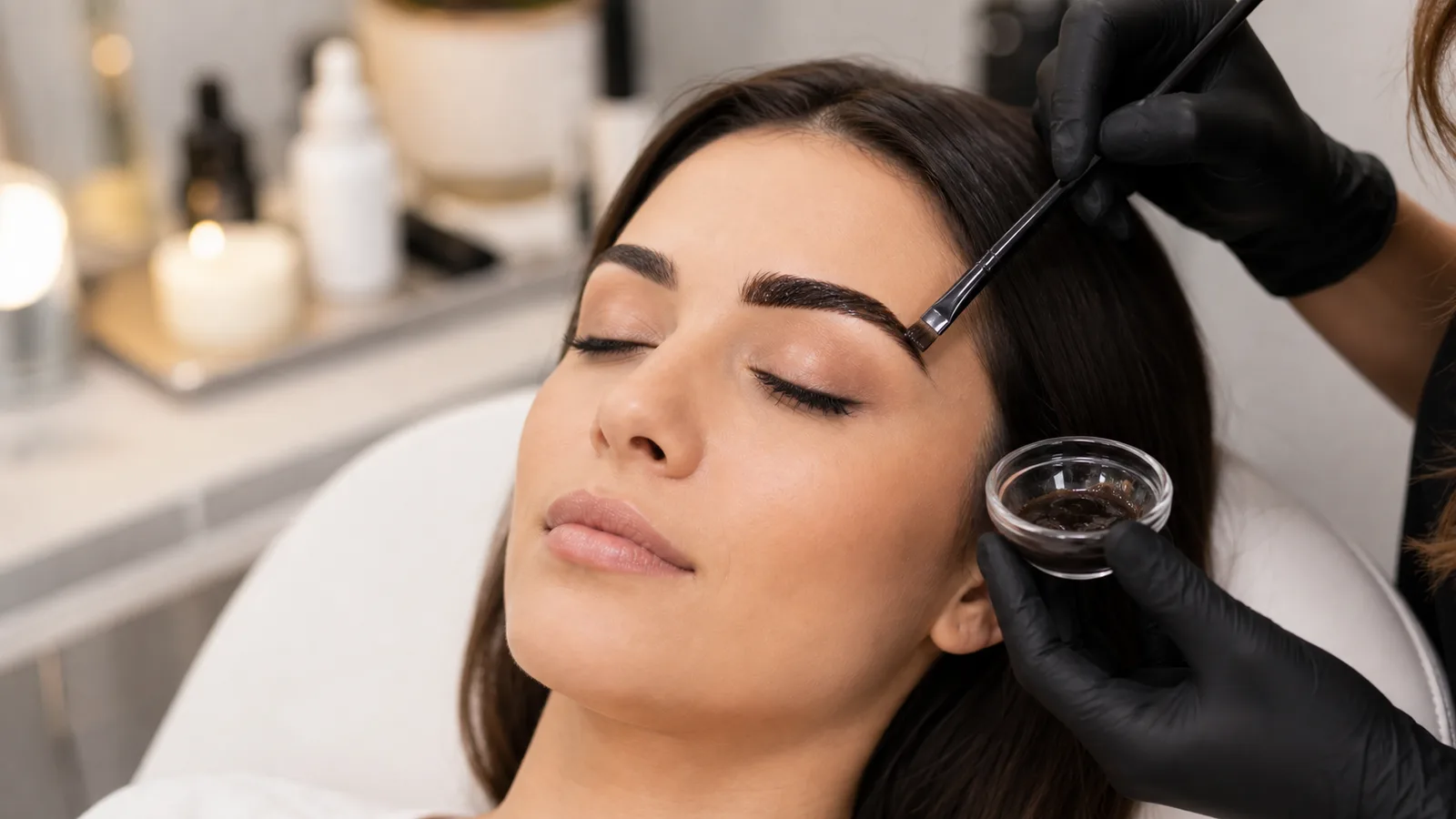Woman receiving eyebrow color service