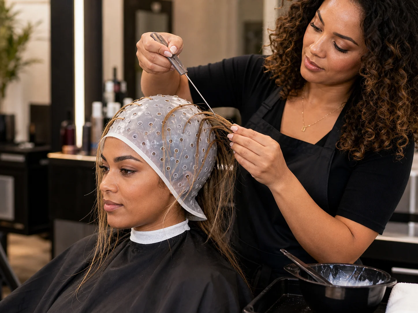 Woman receiving highlights through a highlighting cap