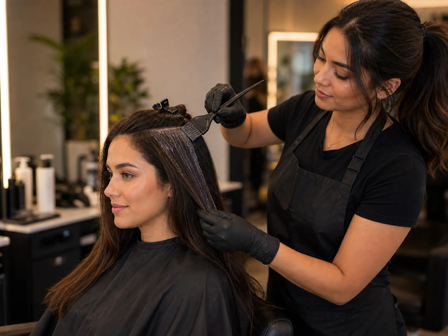 Woman receiving demi color application with a tint brush