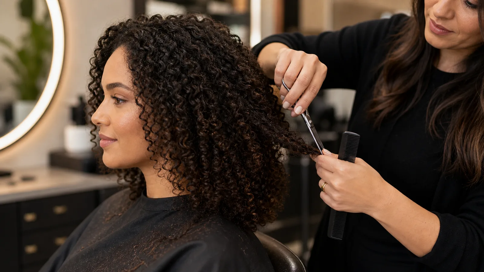 Black woman receiving a curly hair trim