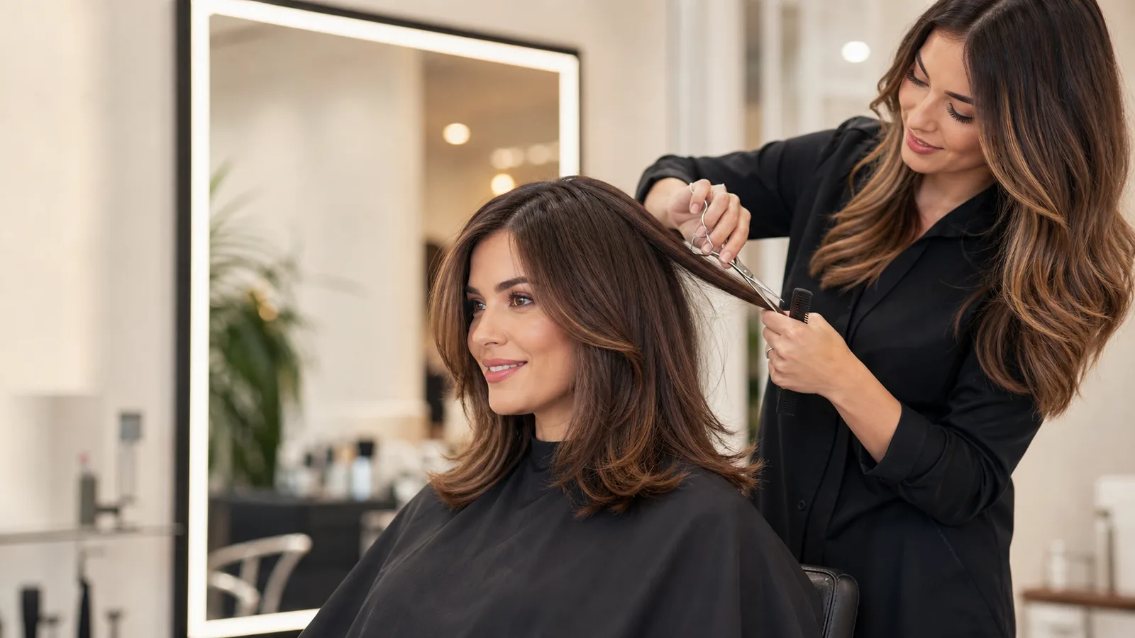 Stylist cutting a woman's hair in the salon