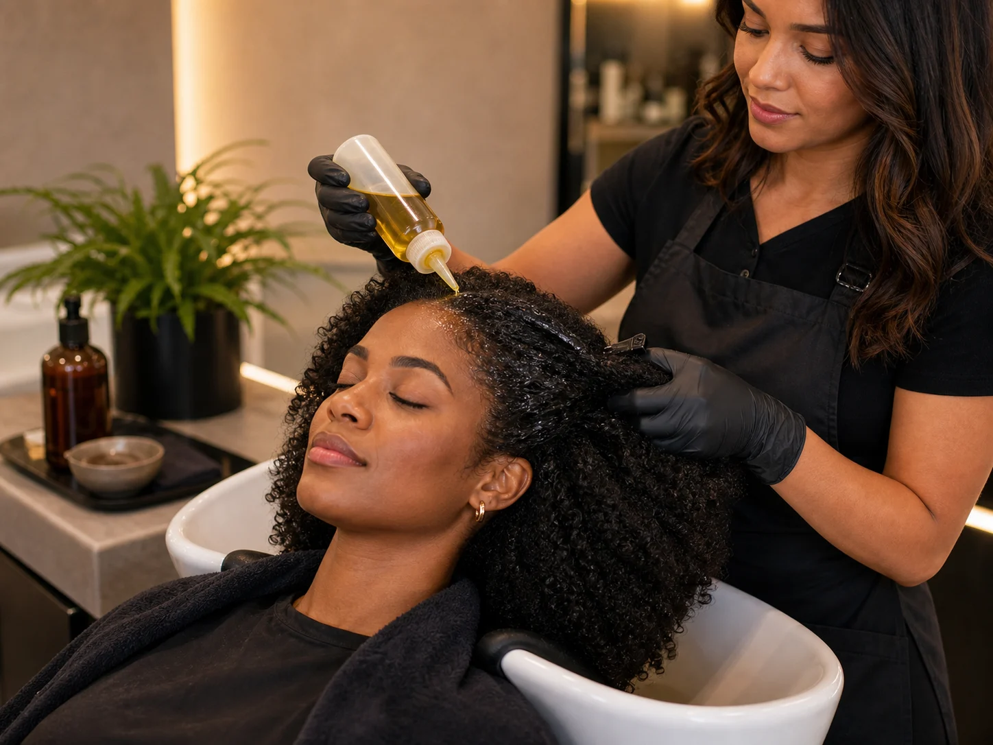 Black woman receiving warm oil applied to her scalp