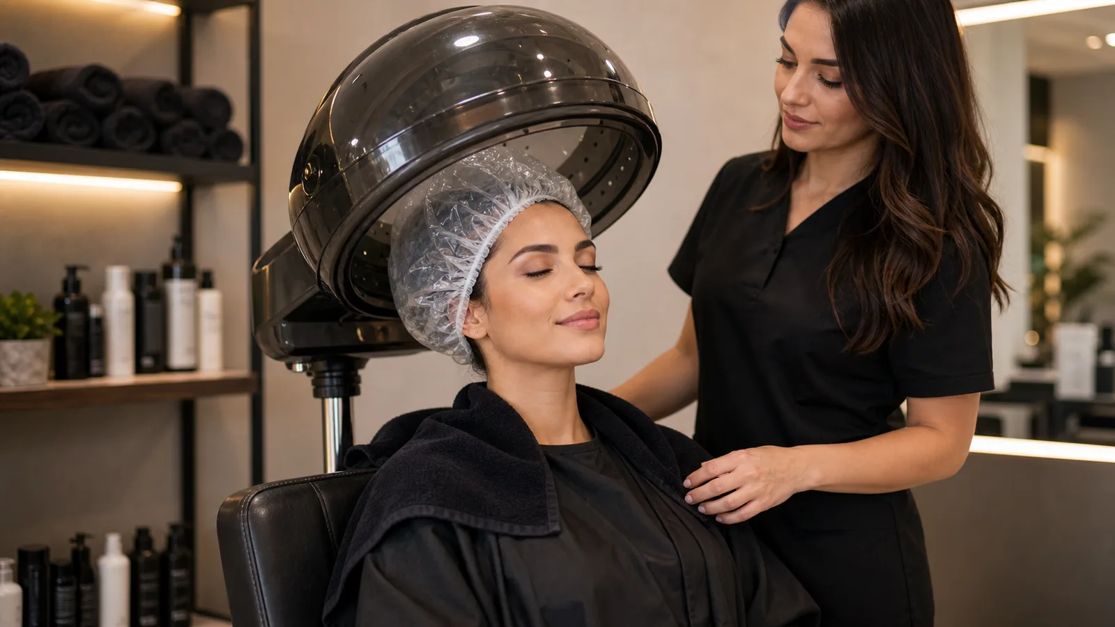 Woman receiving a deep conditioning treatment under a salon steamer
